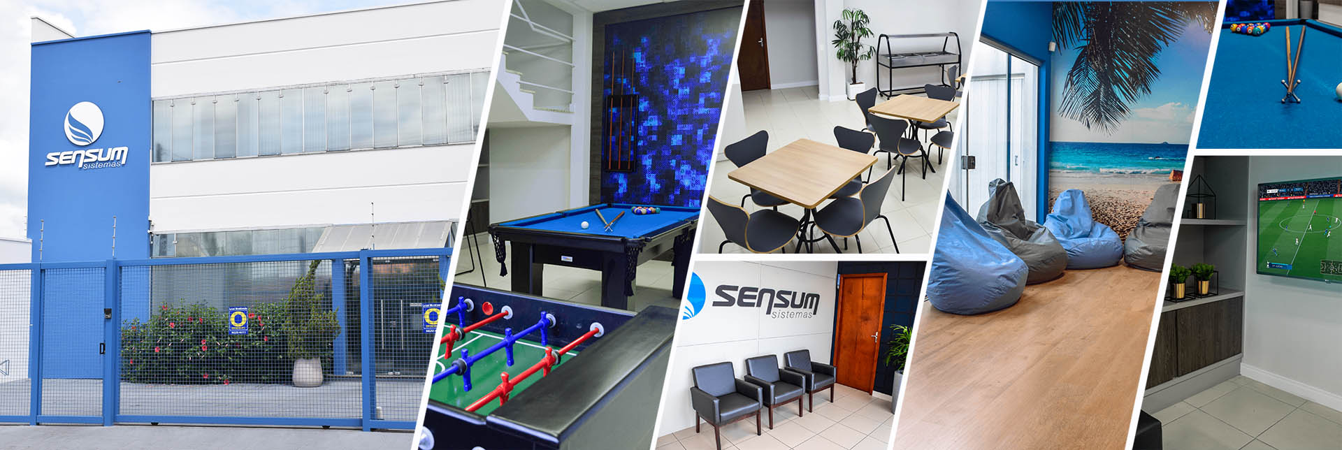 Ambientes internos e fachada da Sensum Sistemas